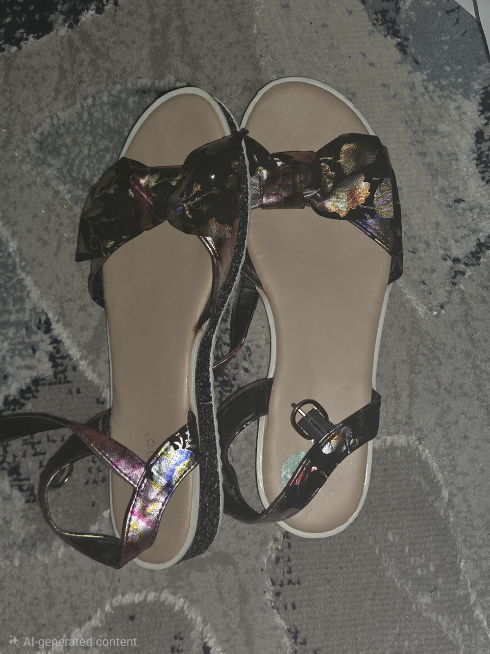 Iridescent Floral Bow Slingback Sandals - Black Multi